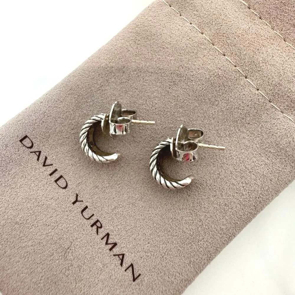 DAVID YURMAN Silver Cable Classic Huggie Earrings Pave Diamonds DY 925 Jewelry